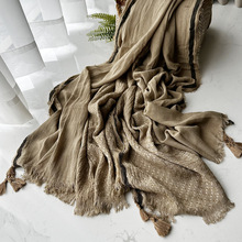 文艺复古千鸟格提花扎须棉质披肩 秋冬新款柔软纯色男女禅意围巾