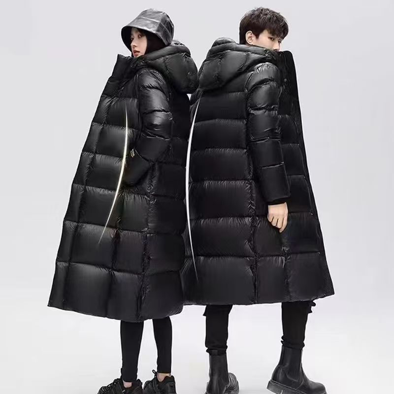 Black and gold long winter parka for men and women, thickened, trendy, over-the-knee, with reflective strips, loose-fitting coat
