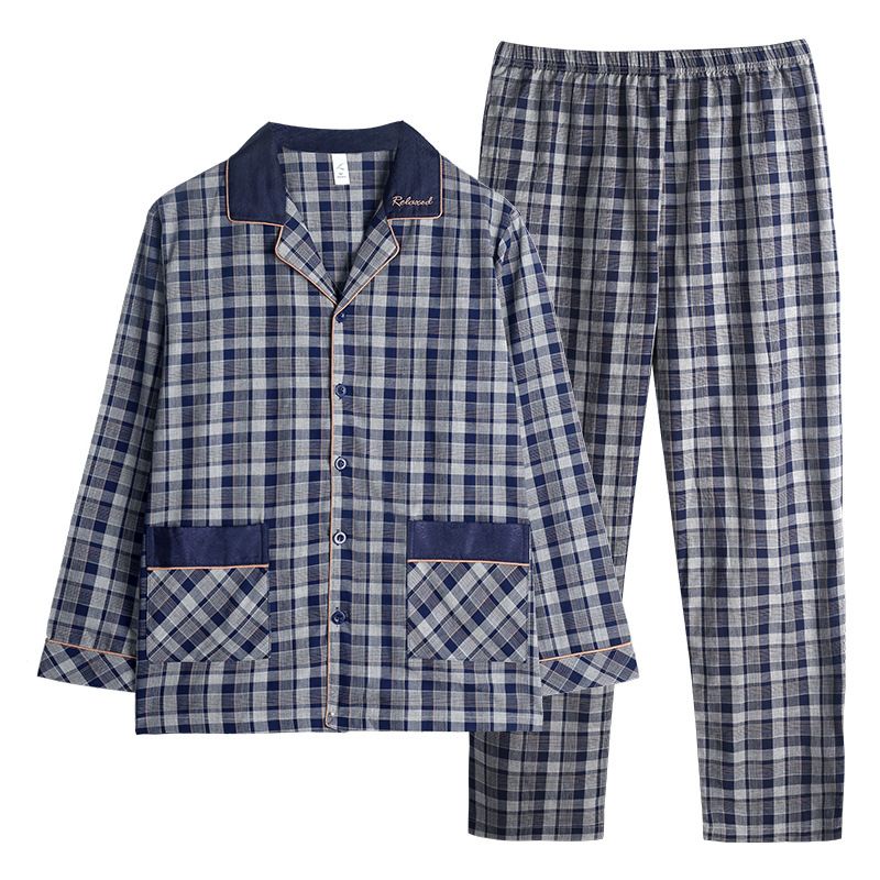 Nuevos pijamas de los hombres de primavera y otoño Delgado 100% algodón cardigan de manga larga a cuadros de los hombres de desgaste del hogar traje de dos piezas