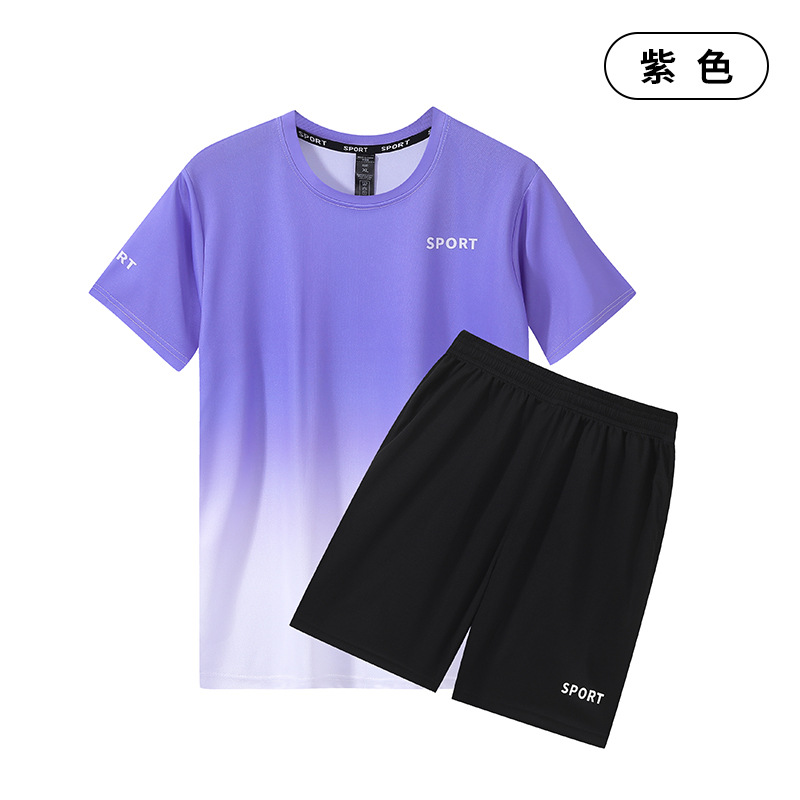 Trajes de deportes de ocio transfronterizos para hombres rápidos secos de manga corta correr transpirable acondicionamiento físico de verano de dos piezas ropa de transporte de seda de hielo gradiente
