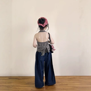 炸街款~小心机露背装条纹挂脖又酷又飒吊带背心牛仔阔腿裤套