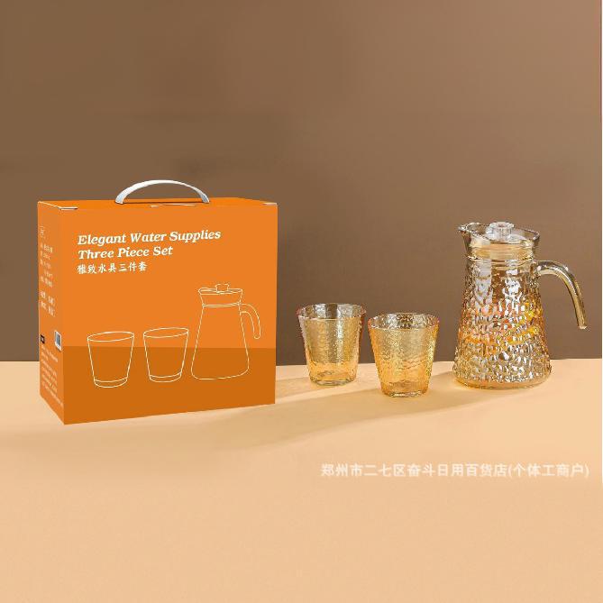 Qixiang elegante set de agua de tres piezas de vidrio de oficina doméstica con patrón de acero, una olla de agua potable, dos tazas de hervidor de agua fría