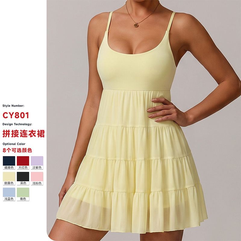 Customized Amazon best-selling mesh one-piece dress, anti-exposure backless dress, sexy sleeveless sporty tennis dress