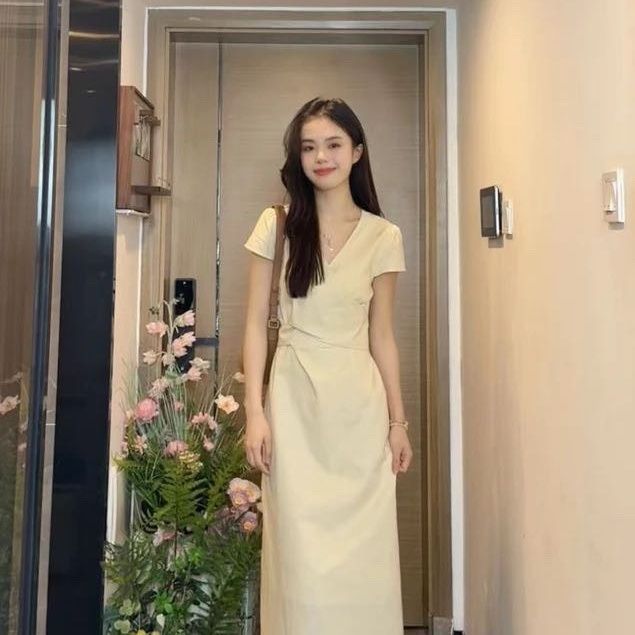 韩系简约设计感交叉绑带连衣裙女夏季新款收腰显长款茶歇裙子|undefined