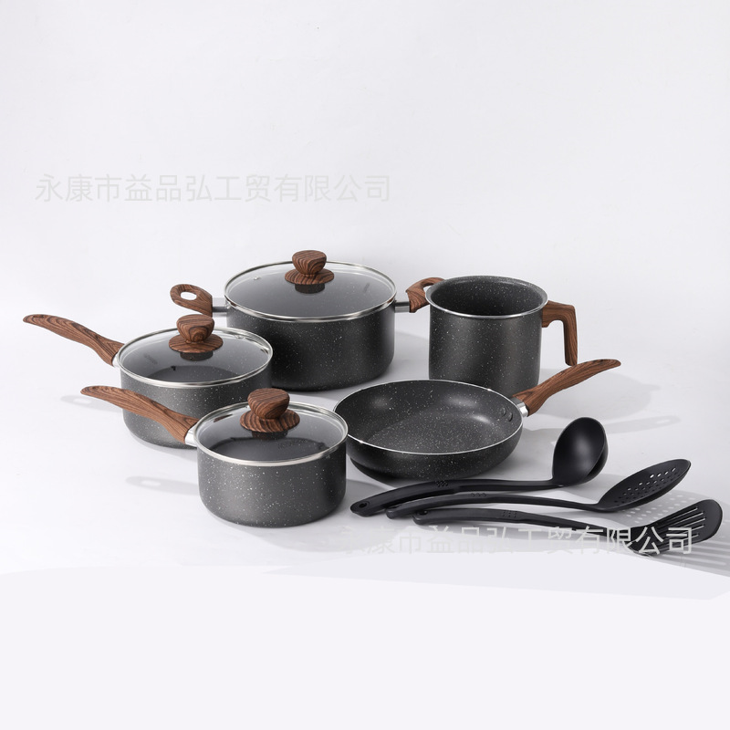 Sartén antiadherente de aluminio de piedra médica, wok, sartén, olla de sopa, mango de madera, colador, pala de tres piezas al por mayor