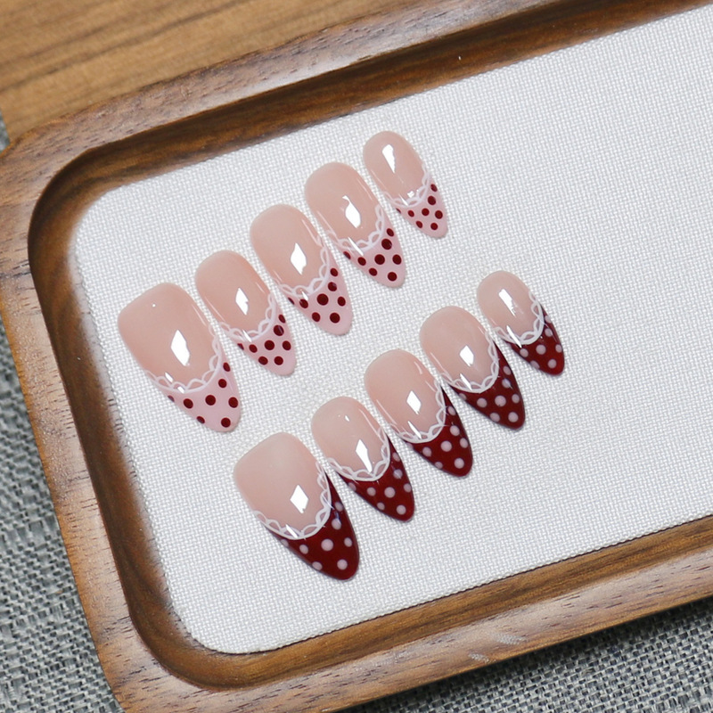 European and American Style Red French Polka Dot Ladybug Almond Press-On Nails Wearable Nail Art Wholesale