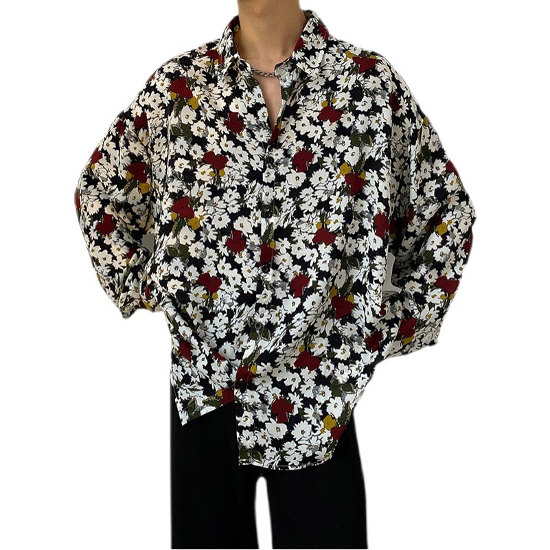 Hong Kong Style Retro Floral Shirt Men's Long-Sleeved Hawaiian Handsome Ins Floral Shirt Men's Autum Loose Casual Top