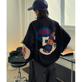 冬季新款韩版设计棒球服趣味图案针织开衫遮肉显瘦柔软厚实毛衣女