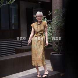 金辉夏季真丝双绉印花腰收褶绑带连衣裙