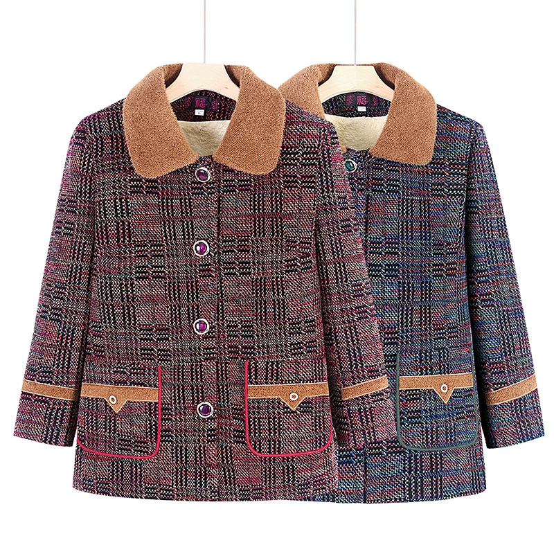 2024 пожилая зимняя одежда новая мама шерстяная куртка бабушка плюшевая толстая одежда 50 лет 60 клетчатая куртка