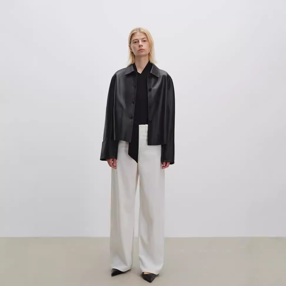 2025 Spring New Imported A-Grade Goatskin Genuine Leather Lapel Short Outwear Women's Leather Jacket Top