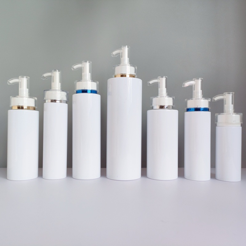 Botellas de acrílico para loción con bomba, botellas de PET de 100 ml y 750 ml, botellas de plástico blancas transparentes, botellas dispensadoras de champú, en stock.
