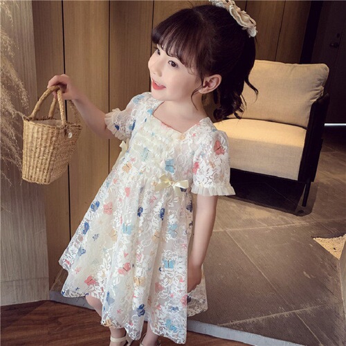 Girls' fashionable princess dress summer dress 202 new style little girl's fashionable lace skirt children's Korean version mesh dress