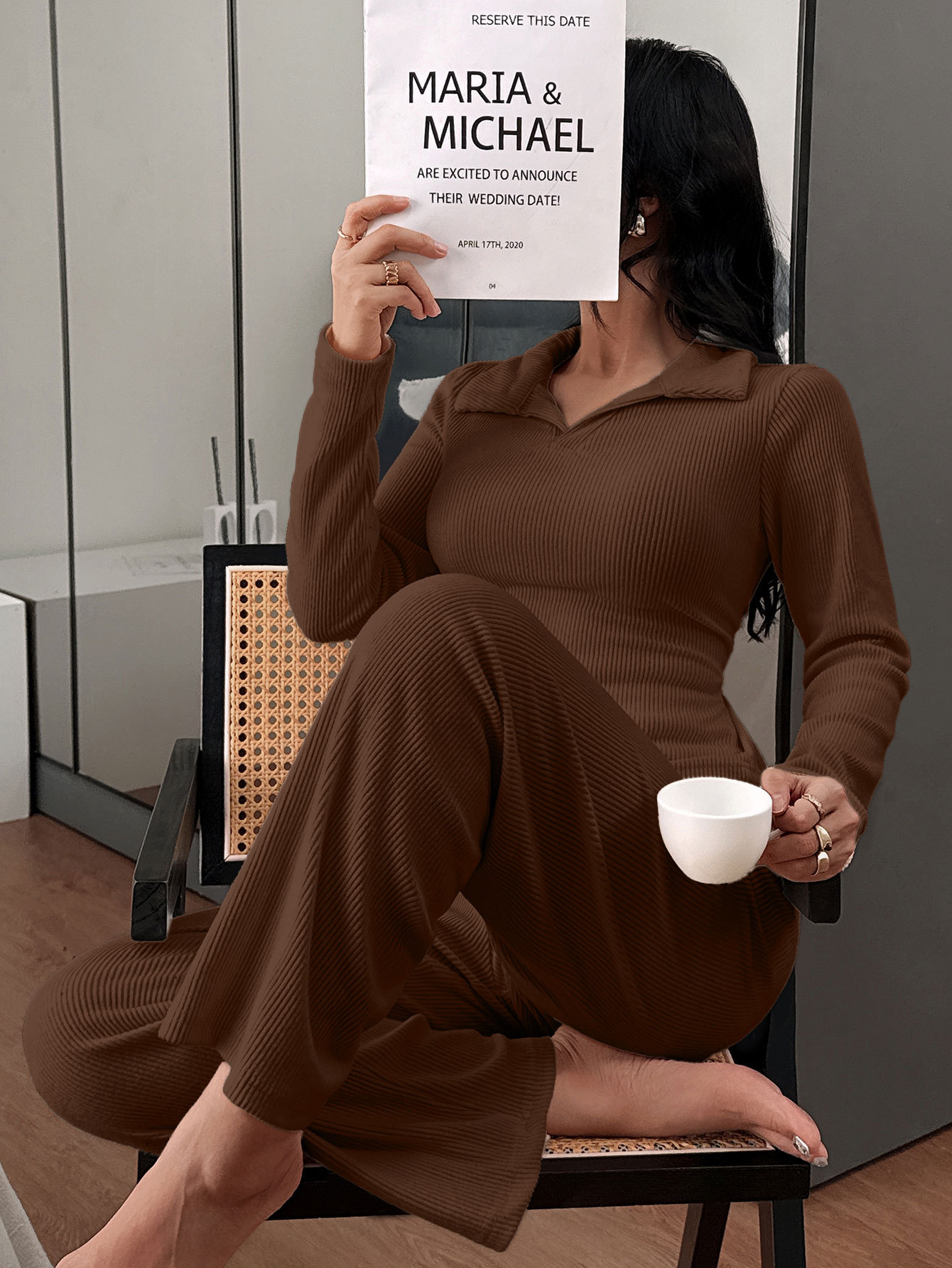 Damernas pyjamasset med polokrage och långärmad loungewear_voghion.com