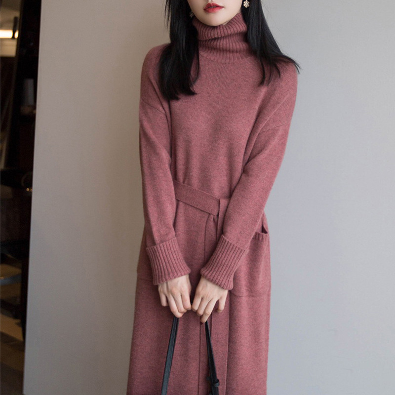 Mid-length turtleneck knitted sweater dress with overcoat for autumn and winter bottoming interior slouchy over-the-knee waist dress