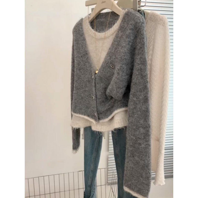 韩系慵懒风灰色假两件针织开衫毛衣女秋冬小众高级感超好看上衣潮|undefined