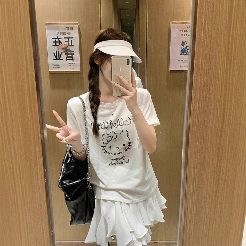 Trendy Brand Pure Cotton Short-sleeved T-shirt 2025 Summer New American Style Cat Printing Internet Popular Top Shoulder Crewneck Top