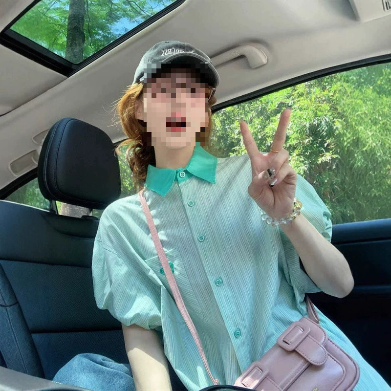 YS8 официальное изображение, 100% полиэстер, полосатая рубашка с воротником-поло, женская милая рубашка с пышными рукавами, свободный топ