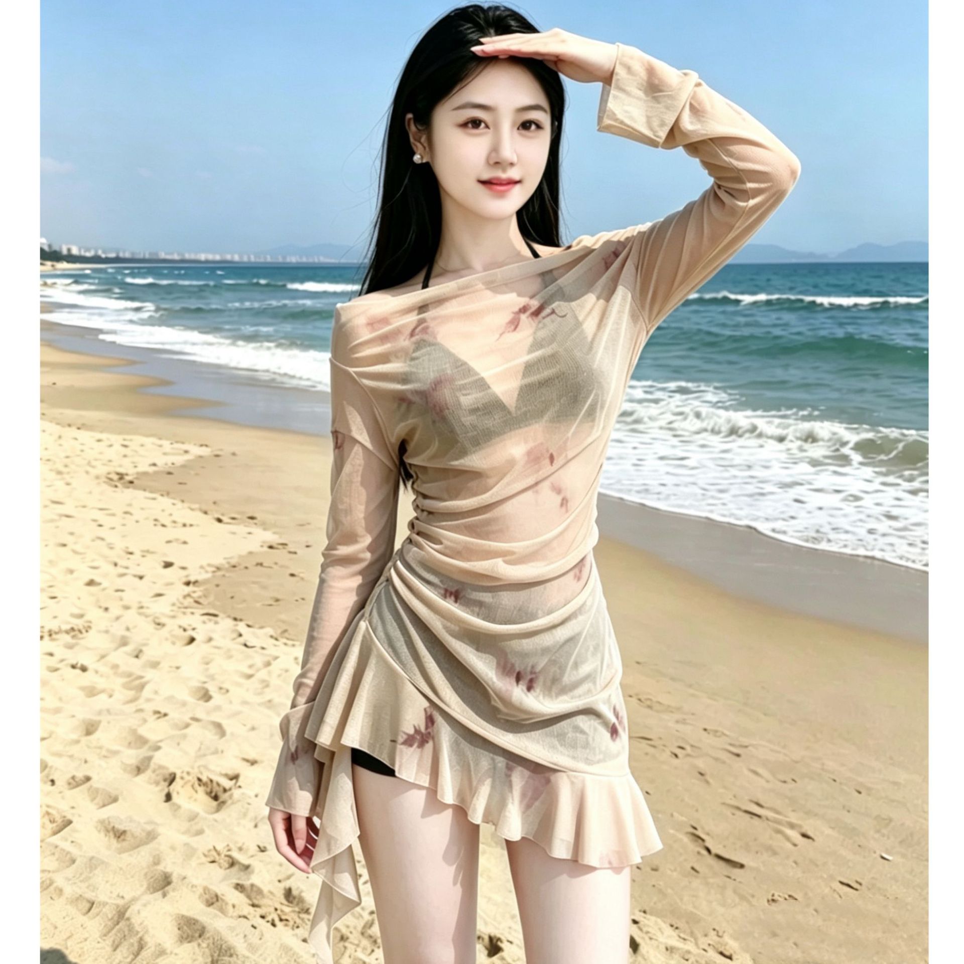 Two-Piece Swimsuit for Women, Irregular Three-Piece Bikini, Long-Sleeved Cover-Up, Pure Lust Style Hot Spring Seaside Vacation Swimwear