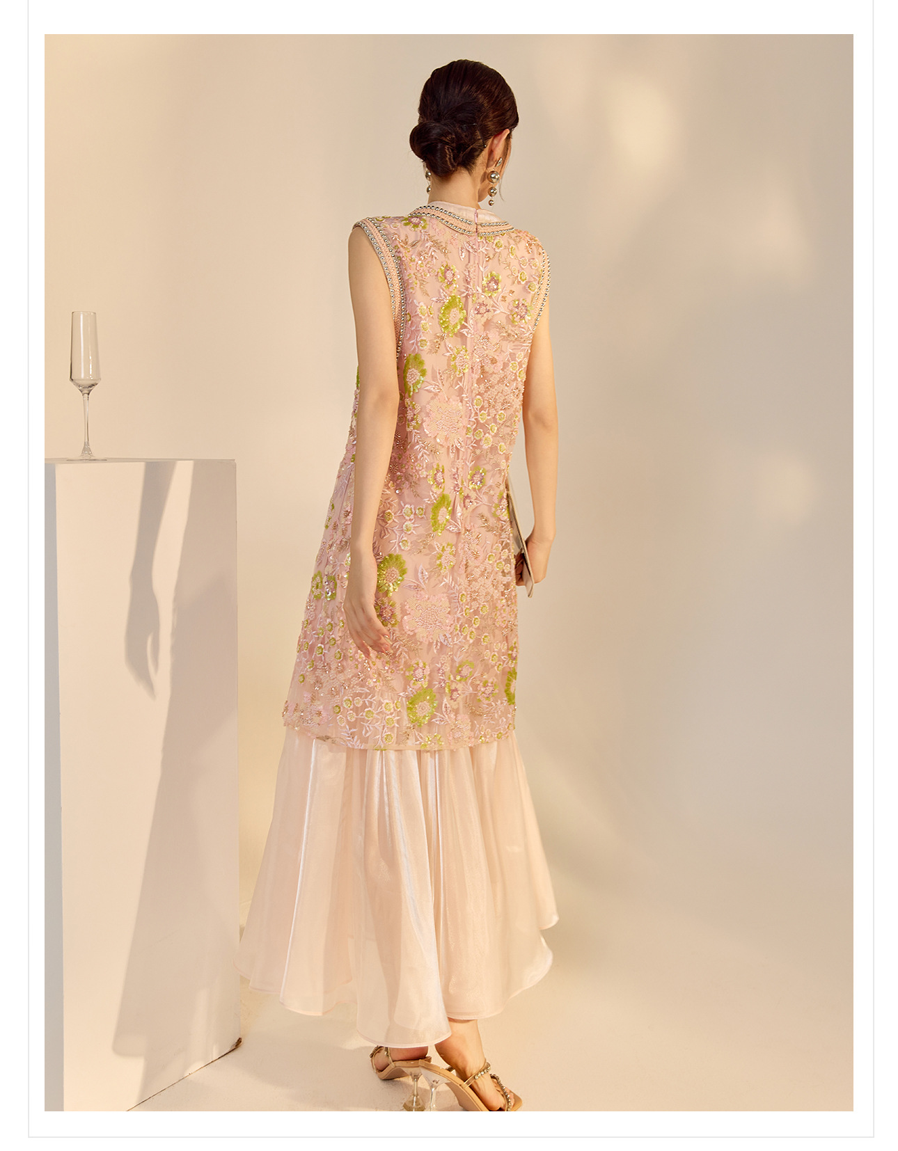 Váy sườn xám maxi thêu sequin phong cách Trung Quốc mới mùa hè N5042 — hồng, Xanh lam sông băng chi tiết 32
