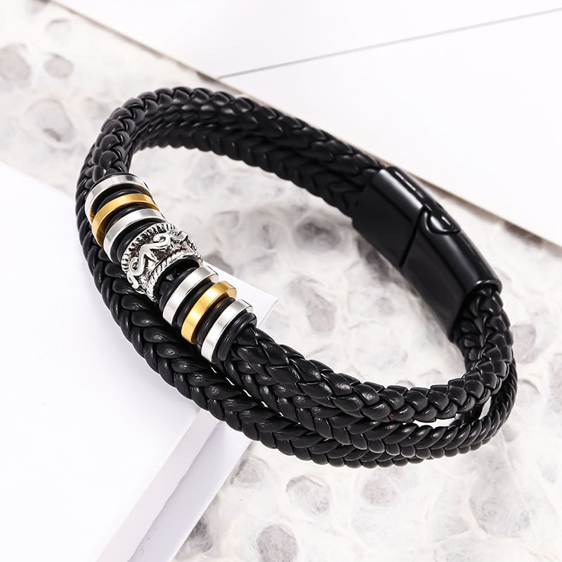 Comercio exterior transfronterizo estilo étnico joyería pulsera de acero inoxidable hombres multi-capa tejida cuerda de cuero hebilla magnética pulsera al por mayor