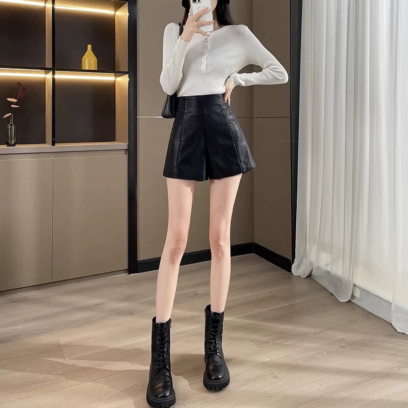 Leather shorts women's slimming Brown A- line boot pants belly covering black Pu casual autumn and winter American retro chubby girl outer wear