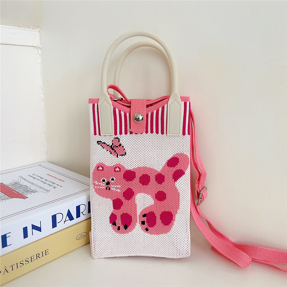 108g Weight Polyester Lining Material Buckle Closure Type Top Handle Strap Type Handbag Bags Type Casual, Daily Occasion Knit Material Cat Pattern All Seasons Season Women's Gender Vintage Style, Classic Style Style Bucket Shape Small Size Women's Small Knit Cat Vintage Style Classic Style Bucket Buckle Handbag 24