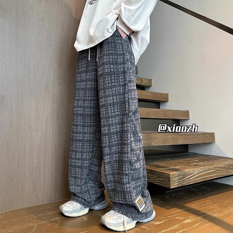 Galería americana retro japonesa suelta pantalones a cuadros para mujeres super caliente primavera y otoño de piernas anchas tendencia recta pantalones casuales para hombres