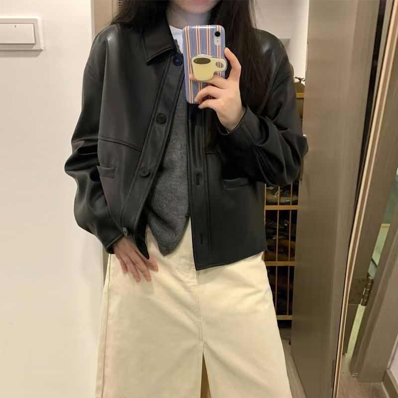 黑色短款皮衣外套2025春新款休闲机车酷女雪尼尔氨纶其它|undefined