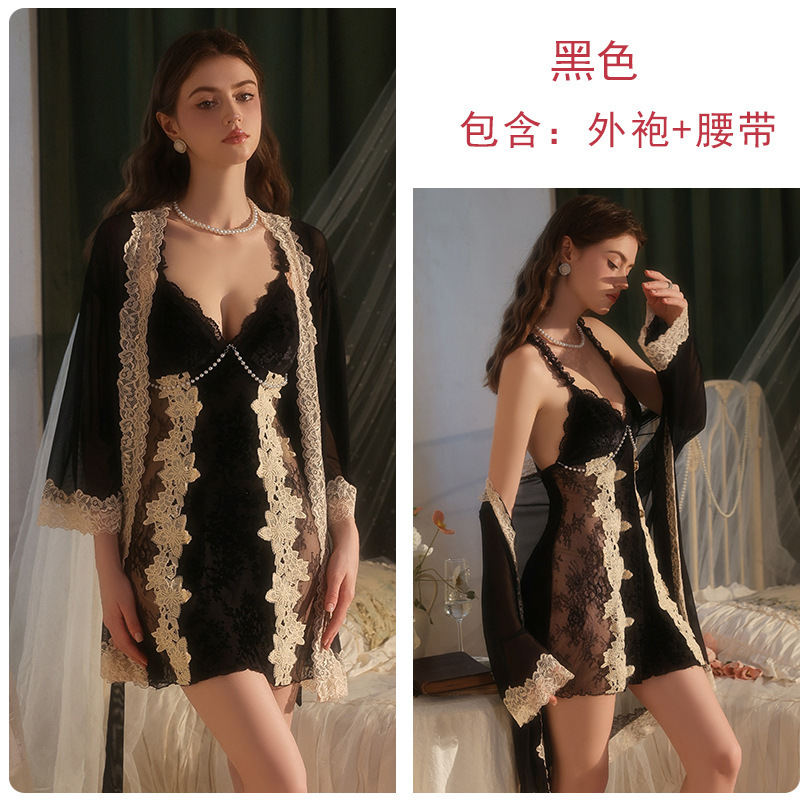 瑰若品牌内衣激情深V加胸垫纯欲慵懒丝绒睡裙外袍家居服套装5911|undefined