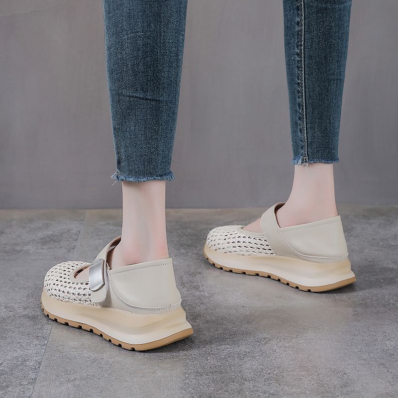 Sandal Mary Jane nữ da bò thật đế dày tăng chiều cao — màu be