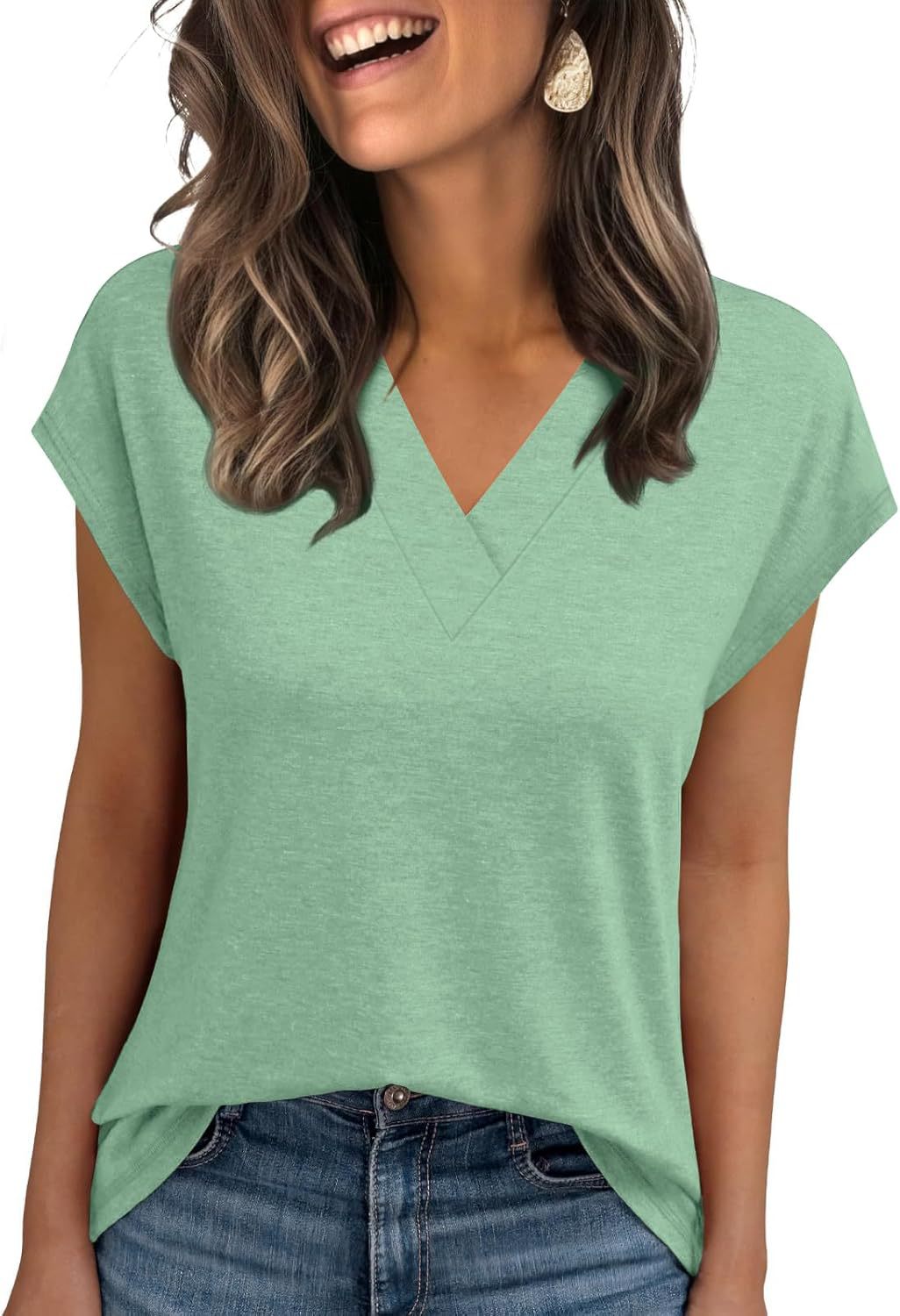 2026 Women Summer Casual V Neck Cap Sleeve Basic Tops_ecoleips.com