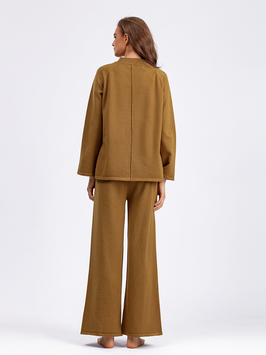Women's clothing 2023 autumn and winter new loose solid color pullover sweater two-piece set with slits knitted wide-leg pants suit_voghion.com