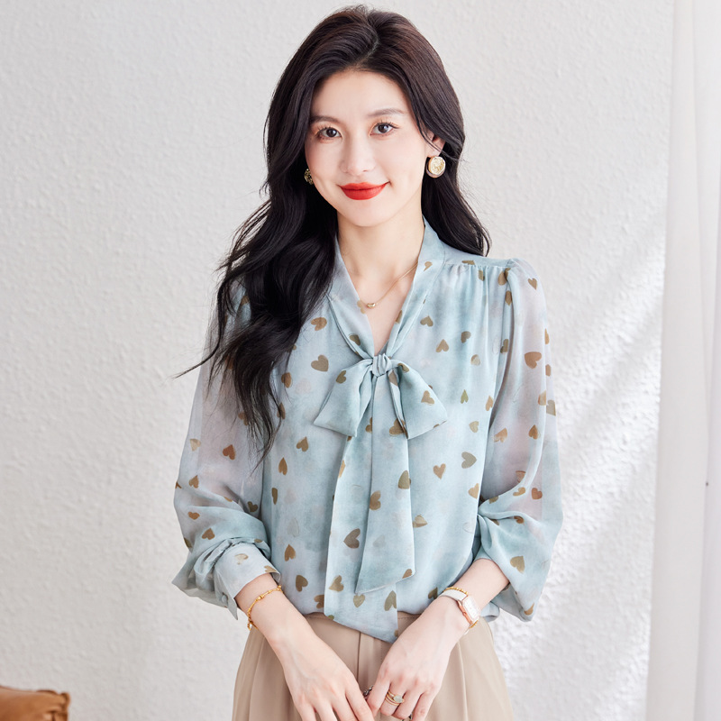 系带碎花淑女显瘦长袖上衣2025秋新款时尚百搭通勤气质衬衫女批发|undefined
