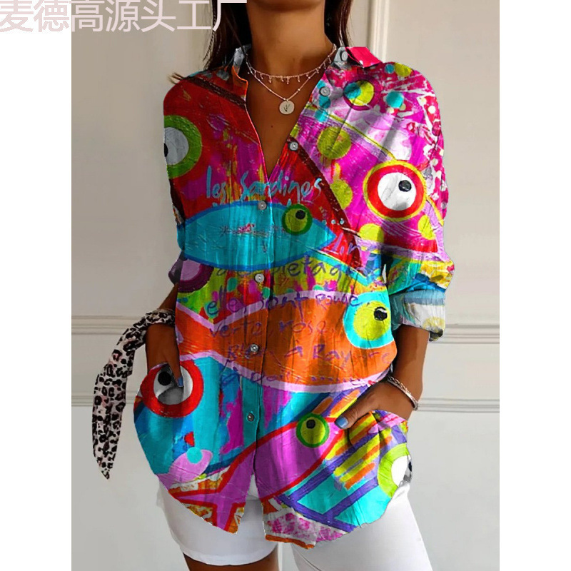 2025 New Ladies Long Shirt Women's Summer European and American Trend Long Sleeve Shirt Printed Pattern Printed 3D Shirt
