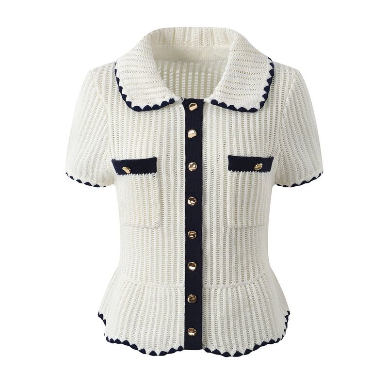 2026 Early Spring New Design Color-Blocked Ruffled Lapel Single-Breasted Elegant Short-Sleeve Knit Top