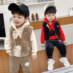 Boys' autumn and winter suit, handsome infant and toddler velvet hooded three-piece set for 0-3-5 year old baby winter children's clothes 1