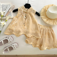 儿童套装新款夏季韩版女宝中式汉服国风无袖短裤甜美两件套配帽子