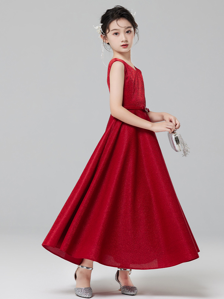 Vestido de noche de las niñas rojo niña de las flores Niña de la boda de alta gama princesa vestido otoño niños anfitrión piano traje