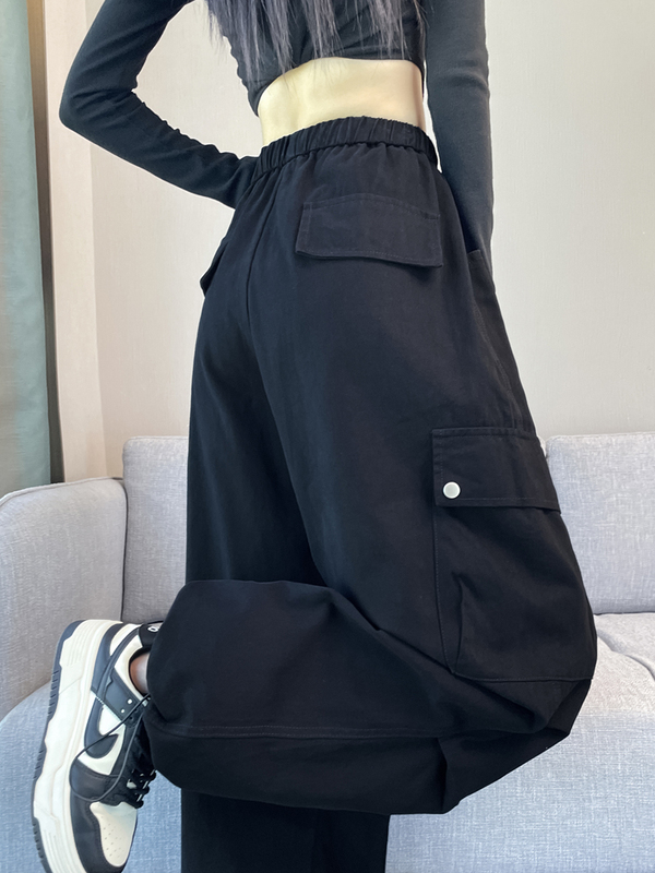 安可拉红工装裤女春秋2025新款高腰显瘦休闲宽松抽绳运动阔腿裤潮|undefined