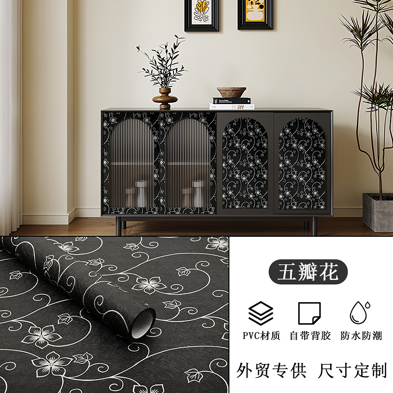 Mayorista transfronterizo autoadhesivo armario viejo muebles impermeable a prueba de humedad renovación papel pintado negro papel pintado