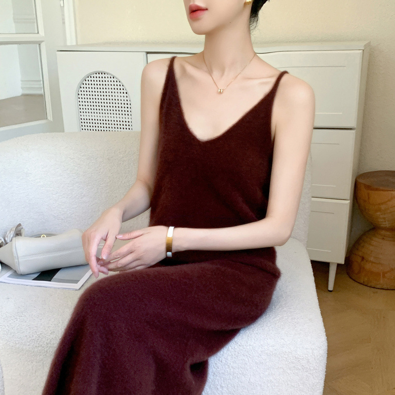 Cashmere Autumn and Winter New Knitted Suspender Long Skirt Women's Fashion Pullover Versatile Suspender Inner Mid-Length Wool Skirt