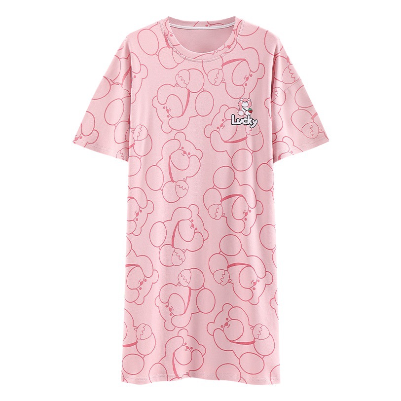 Nuevo Camisón de algodón de manga corta de verano con almohadilla en el pecho de las mujeres Mediados de longitud más tamaño dulce de dibujos animados de algodón Ropa para el hogar de las mujeres