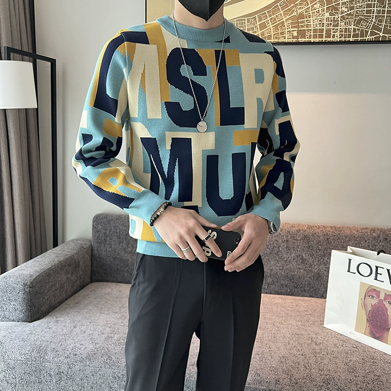 Мужской эластичный цветной вязаный демисезонный базовый свитер, slim fit