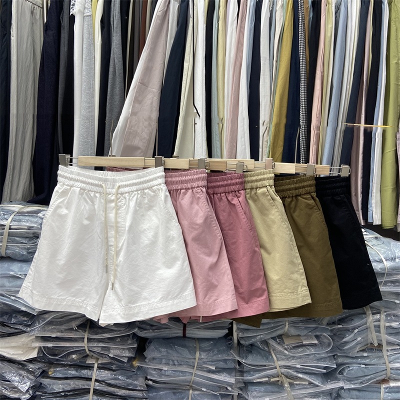 100 순면 ~ 단색 넓은 다리 반바지 여성 2025 년 여름 새로운 느슨한 슬리밍 Elathe 허리 Drawstring 캐주얼 바지