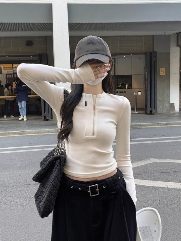 设计感半拉链正肩长袖t恤女2025秋季辣妹紧身内搭打底衫短款上衣|undefined