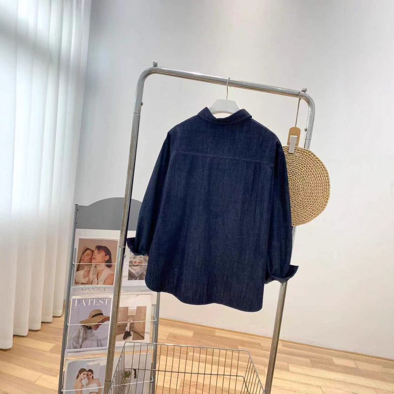 秋韩系简约深蓝色翻领卡通刺绣图案休闲宽松叠穿柔软牛仔女衬衫|undefined
