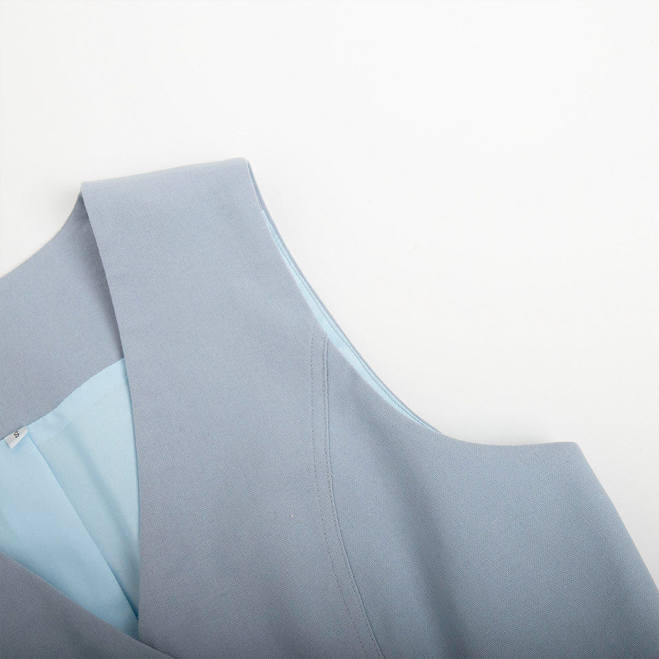 Bộ vest gile và quần short nữ chất liệu lanh cotton, áo khoét vai không tay, kiểu công sở — Màu mơ, Màu nâu đậm, Màu trắng, Màu xanh nước biển chi tiết 56