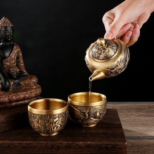 Pure brass dragon and phoenix auspiciousness wine pot copper ornament hundred blessings copper vat handicrafts restaurant wine pot decoration home copperware 