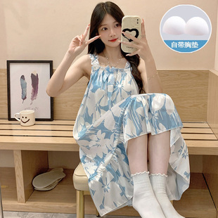夏季冰丝人字斜纹吊带睡裙女带固定胸垫甜美可爱舒适可外穿家居服-阿里巴巴